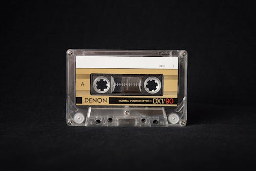 Close-up of a retro cassette tape showcasing nostalgic analog music technology.